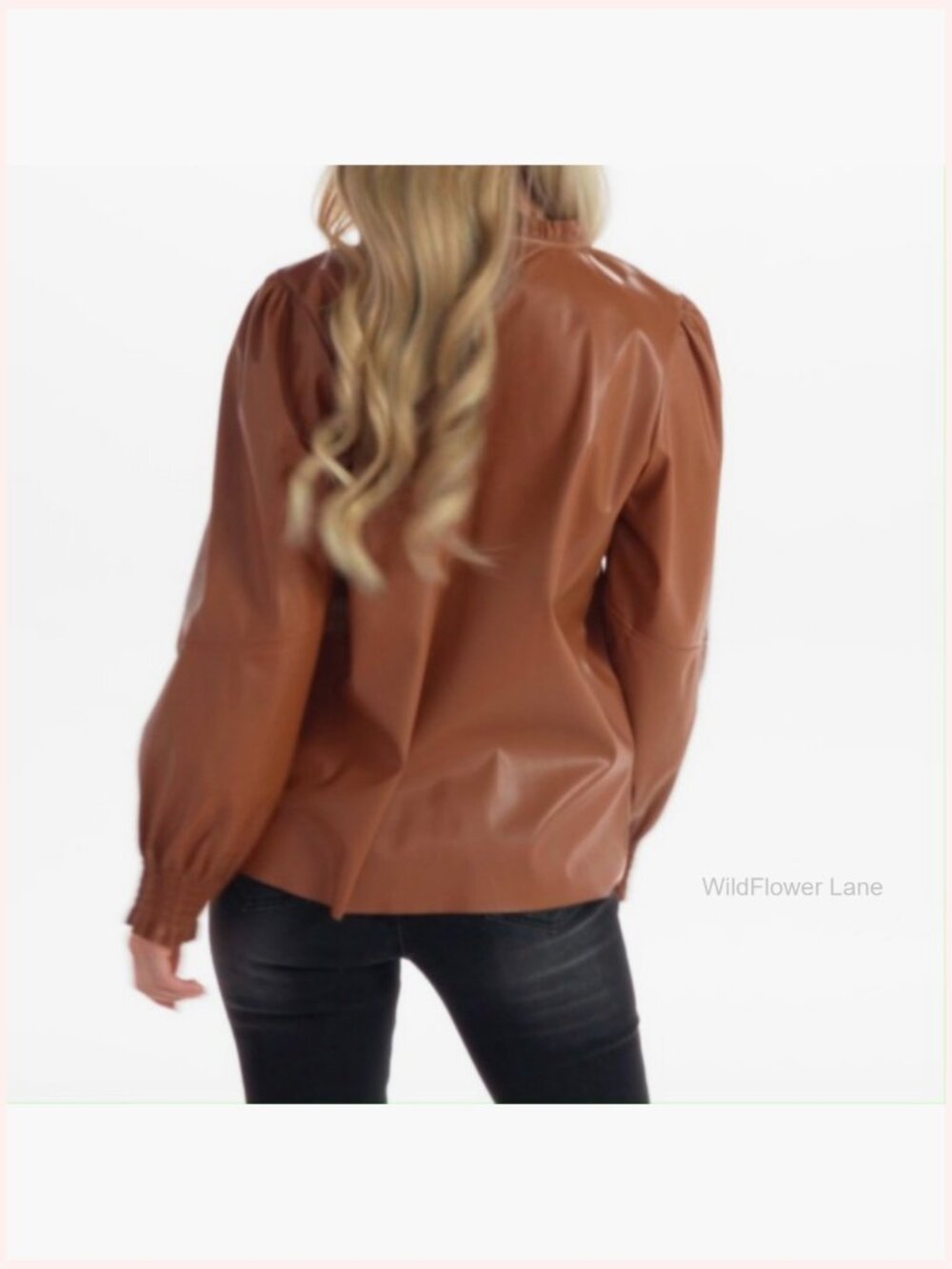Faux Leather Ruffle Neck Long Sleeve Top Blouse - Picture 5 of 5